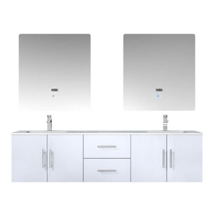 Lexora LG192272DMDSLM30F Geneva 72" Glossy White Double Vanity, White Carrara Marble Top, White Square Sinks and 30" LED Mirrors w/ Faucets