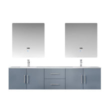 Load image into Gallery viewer, Lexora LG192280DBDSLM30F Geneva 80&quot; Dark Grey Double Vanity, White Carrara Marble Top, White Square Sinks and 30&quot; LED Mirrors w/ Faucets