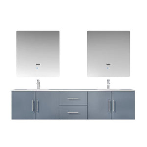 Lexora LG192280DBDSLM30F Geneva 80" Dark Grey Double Vanity, White Carrara Marble Top, White Square Sinks and 30" LED Mirrors w/ Faucets