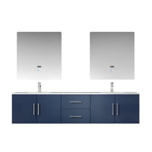 Load image into Gallery viewer, Lexora LG192280DEDSLM30 Geneva 80&quot; Navy Blue Double Vanity, White Carrara Marble Top, White Square Sinks and 30&quot; LED Mirrors