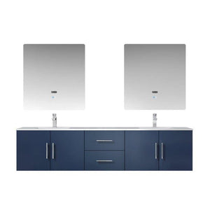 Lexora LG192280DEDSLM30 Geneva 80" Navy Blue Double Vanity, White Carrara Marble Top, White Square Sinks and 30" LED Mirrors