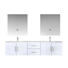 Load image into Gallery viewer, Lexora LG192280DMDSLM30F Geneva 80&quot; Glossy White Double Vanity, White Carrara Marble Top, White Square Sinks and 30&quot; LED Mirrors w/ Faucets