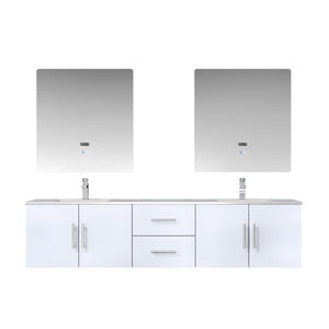 Lexora LG192280DMDSLM30F Geneva 80" Glossy White Double Vanity, White Carrara Marble Top, White Square Sinks and 30" LED Mirrors w/ Faucets