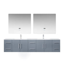 Load image into Gallery viewer, Lexora LG192284DBDSLM36F Geneva 84&quot; Dark Grey Double Vanity, White Carrara Marble Top, White Square Sinks and 36&quot; LED Mirrors w/ Faucets