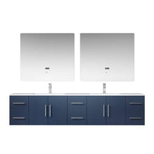 Load image into Gallery viewer, Lexora LG192284DEDSLM36 Geneva 84&quot; Navy Blue Double Vanity, White Carrara Marble Top, White Square Sinks and 36&quot; LED Mirrors