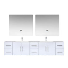 Load image into Gallery viewer, Lexora LG192284DMDSLM36F Geneva 84&quot; Glossy White Double Vanity, White Carrara Marble Top, White Square Sinks and 36&quot; LED Mirrors w/ Faucets
