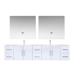 Lexora LG192284DMDSLM36F Geneva 84" Glossy White Double Vanity, White Carrara Marble Top, White Square Sinks and 36" LED Mirrors w/ Faucets
