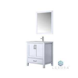 Lexora LJ342230SADSM28 Jacques 30" White Single Vanity, White Carrara Marble Top, White Square Sink and 28" Mirror