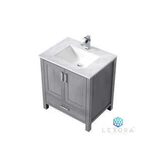 Lexora LJ342230SDDS000 Jacques 30" Distressed Grey Single Vanity, White Carrara Marble Top, White Square Sink and no Mirror