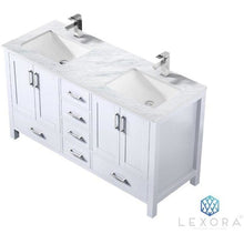 Load image into Gallery viewer, Lexora LJ342260DADS000 Jacques 60&quot; White Double Vanity, White Carrara Marble Top, White Square Sinks and no Mirror