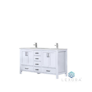 Lexora LJ342260DADS000 Jacques 60" White Double Vanity, White Carrara Marble Top, White Square Sinks and no Mirror
