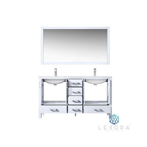 Lexora LJ342260DADSM58 Jacques 60" White Double Vanity, White Carrara Marble Top, White Square Sinks and 58" Mirror