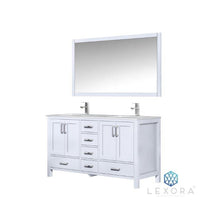 Load image into Gallery viewer, Lexora LJ342260DADSM58 Jacques 60&quot; White Double Vanity, White Carrara Marble Top, White Square Sinks and 58&quot; Mirror