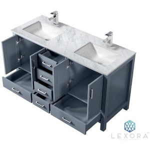 Lexora LJ342260DBDS000 Jacques 60" Dark Grey Double Vanity, White Carrara Marble Top, White Square Sinks and no Mirror