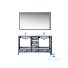 Load image into Gallery viewer, Lexora LJ342260DBDSM58 Jacques 60&quot; Dark Grey Double Vanity, White Carrara Marble Top, White Square Sinks and 58&quot; Mirror