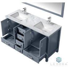 Load image into Gallery viewer, Lexora LJ342260DBDSM58 Jacques 60&quot; Dark Grey Double Vanity, White Carrara Marble Top, White Square Sinks and 58&quot; Mirror