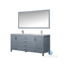 Load image into Gallery viewer, Lexora LJ342272DBDSM70 Jacques 72&quot; Dark Grey Double Vanity, White Carrara Marble Top, White Square Sinks and 70&quot; Mirror