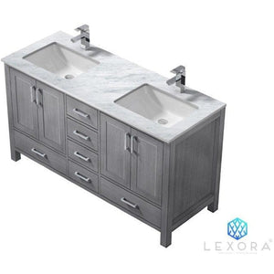 Lexora LJ342260DDDS000 Jacques 60" Distressed Grey Double Vanity, White Carrara Marble Top, White Square Sinks and no Mirror