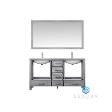Load image into Gallery viewer, Lexora LJ342260DDDSM58 Jacques 60&quot; Distressed Grey Double Vanity, White Carrara Marble Top, White Square Sinks and 58&quot; Mirror