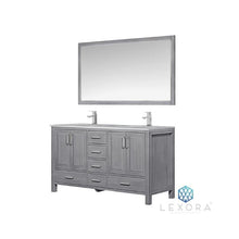 Load image into Gallery viewer, Lexora LJ342260DDDSM58 Jacques 60&quot; Distressed Grey Double Vanity, White Carrara Marble Top, White Square Sinks and 58&quot; Mirror