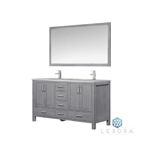 Lexora LJ342260DDDSM58 Jacques 60" Distressed Grey Double Vanity, White Carrara Marble Top, White Square Sinks and 58" Mirror