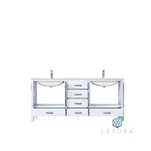 Lexora LJ342272DADS000 Jacques 72" White Double Vanity, White Carrara Marble Top, White Square Sinks and no Mirror