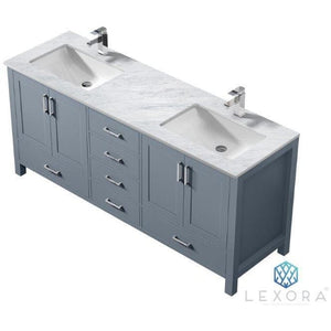 Lexora LJ342272DBDS000 Jacques 72" Dark Grey Double Vanity, White Carrara Marble Top, White Square Sinks and no Mirror