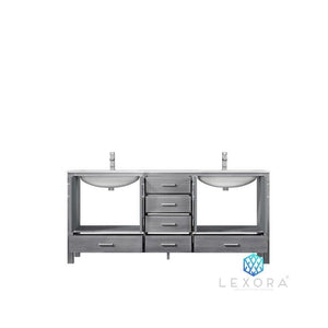 Lexora LJ342272DDDS000 Jacques 72" Distressed Grey Double Vanity, White Carrara Marble Top, White Square Sinks and no Mirror