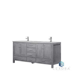 Lexora LJ342272DDDS000 Jacques 72" Distressed Grey Double Vanity, White Carrara Marble Top, White Square Sinks and no Mirror