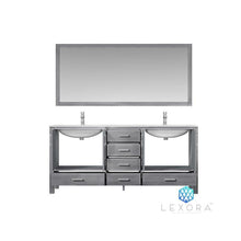 Load image into Gallery viewer, Lexora LJ342272DDDSM70 Jacques 72&quot; Distressed Grey Double Vanity, White Carrara Marble Top, White Square Sinks and 70&quot; Mirror