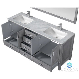 Lexora LJ342272DDDSM70 Jacques 72" Distressed Grey Double Vanity, White Carrara Marble Top, White Square Sinks and 70" Mirror