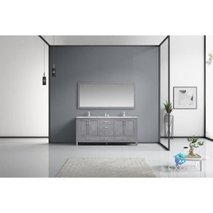 Lexora LJ342272DDDSM70 Jacques 72" Distressed Grey Double Vanity, White Carrara Marble Top, White Square Sinks and 70" Mirror
