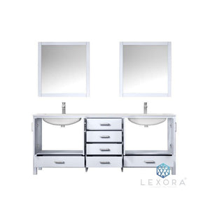 Lexora LJ342280DADSM30 Jacques 80" White Double Vanity, White Carrara Marble Top, White Square Sinks and 30" Mirrors