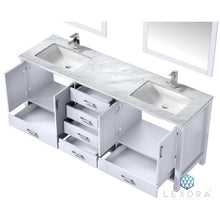 Load image into Gallery viewer, Lexora LJ342280DADSM30 Jacques 80&quot; White Double Vanity, White Carrara Marble Top, White Square Sinks and 30&quot; Mirrors
