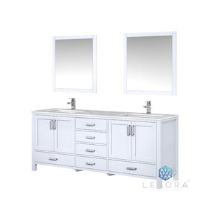 Lexora LJ342280DADSM30 Jacques 80" White Double Vanity, White Carrara Marble Top, White Square Sinks and 30" Mirrors
