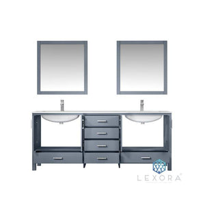 Lexora LJ342280DBDSM30 Jacques 80" Dark Grey Double Vanity, White Carrara Marble Top, White Square Sinks and 30" Mirrors
