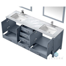 Load image into Gallery viewer, Lexora LJ342280DBDSM30 Jacques 80&quot; Dark Grey Double Vanity, White Carrara Marble Top, White Square Sinks and 30&quot; Mirrors
