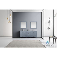 Load image into Gallery viewer, Lexora LJ342280DBDSM30 Jacques 80&quot; Dark Grey Double Vanity, White Carrara Marble Top, White Square Sinks and 30&quot; Mirrors