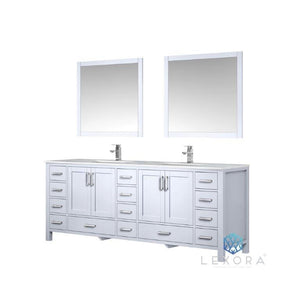 Lexora LJ342284DADSM34 Jacques 84" White Double Vanity, White Carrara Marble Top, White Square Sinks and 34" Mirrors