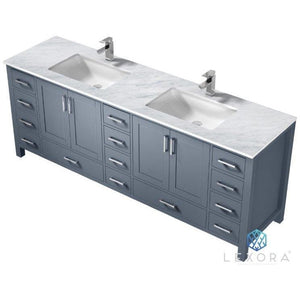 Lexora LJ342284DBDS000 Jacques 84" Dark Grey Double Vanity, White Carrara Marble Top, White Square Sinks and no Mirror