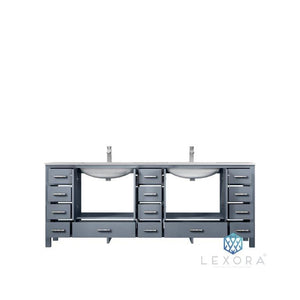 Lexora LJ342284DBDS000 Jacques 84" Dark Grey Double Vanity, White Carrara Marble Top, White Square Sinks and no Mirror