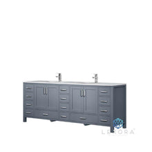 Load image into Gallery viewer, Lexora LJ342284DBDS000 Jacques 84&quot; Dark Grey Double Vanity, White Carrara Marble Top, White Square Sinks and no Mirror