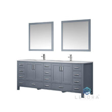 Load image into Gallery viewer, Lexora LJ342284DBDSM34 Jacques 84&quot; Dark Grey Double Vanity, White Carrara Marble Top, White Square Sinks and 34&quot; Mirrors