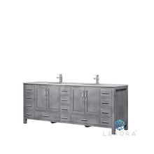 Load image into Gallery viewer, Lexora LJ342284DDDS000 Jacques 84&quot; Distressed Grey Double Vanity, White Carrara Marble Top, White Square Sinks and no Mirror