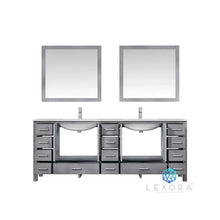 Load image into Gallery viewer, Lexora LJ342284DDDSM34 Jacques 84&quot; Distressed Grey Double Vanity, White Carrara Marble Top, White Square Sinks and 34&quot; Mirrors