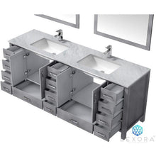 Load image into Gallery viewer, Lexora LJ342284DDDSM34 Jacques 84&quot; Distressed Grey Double Vanity, White Carrara Marble Top, White Square Sinks and 34&quot; Mirrors