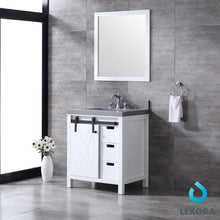 Load image into Gallery viewer, Lexora LM342230SAASM28 Marsyas 30&quot; White Single Vanity, Grey Quartz Top, White Square Sink and 28&quot; Mirror