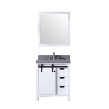 Load image into Gallery viewer, Lexora LM342230SAASM28 Marsyas 30&quot; White Single Vanity, Grey Quartz Top, White Square Sink and 28&quot; Mirror
