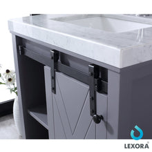 Load image into Gallery viewer, Lexora LM342230SBBSM28 Marsyas 30&quot; Dark Grey Single Vanity, White Carrara Marble Top, White Square Sink and 28&quot; Mirror