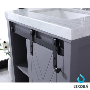 Lexora LM342230SBBSM28 Marsyas 30" Dark Grey Single Vanity, White Carrara Marble Top, White Square Sink and 28" Mirror